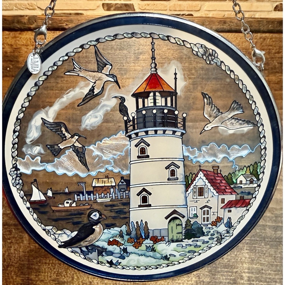 AMIA Handpainted Glass Suncatcher Lighthouse Scene Round VTG Stunning